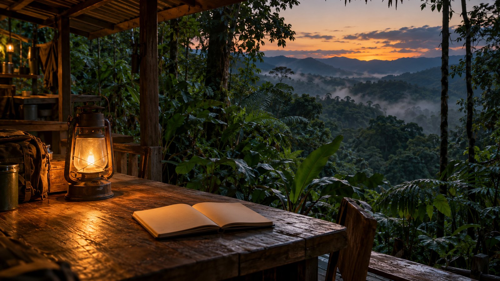 AI illustration of a forest research shelter at dusk with a notebook and lantern