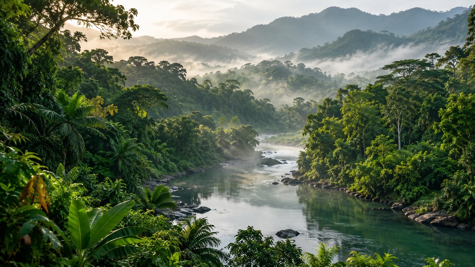 AI illustration of a misty forest river and green hills inspired by Honduras