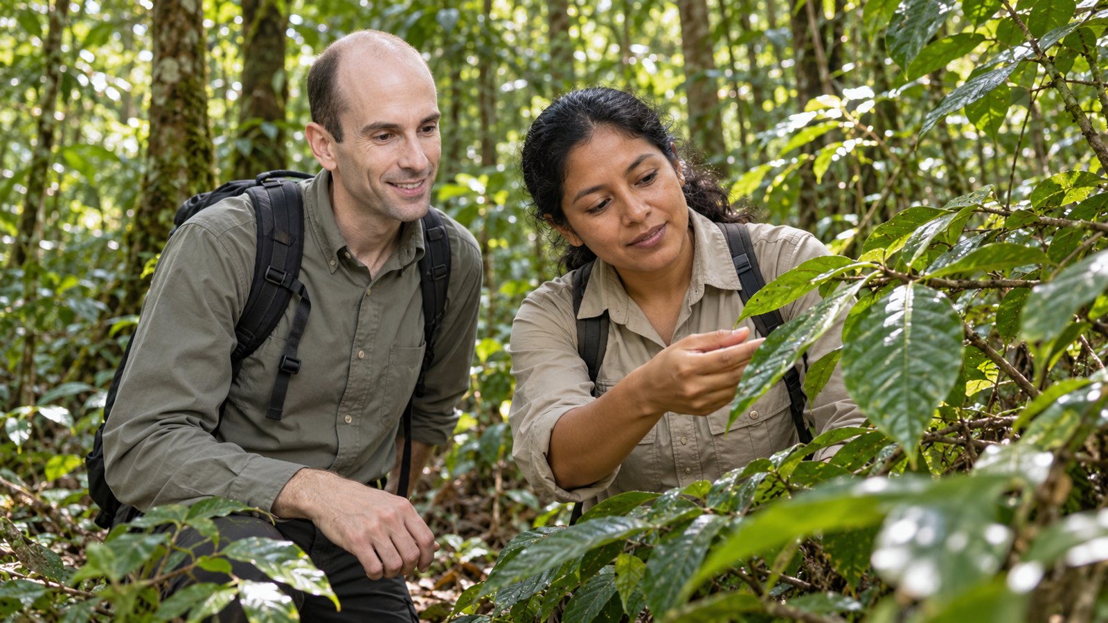 AI illustration of Gustavo Woltmann and Elena Cruz observing leaves in the forest