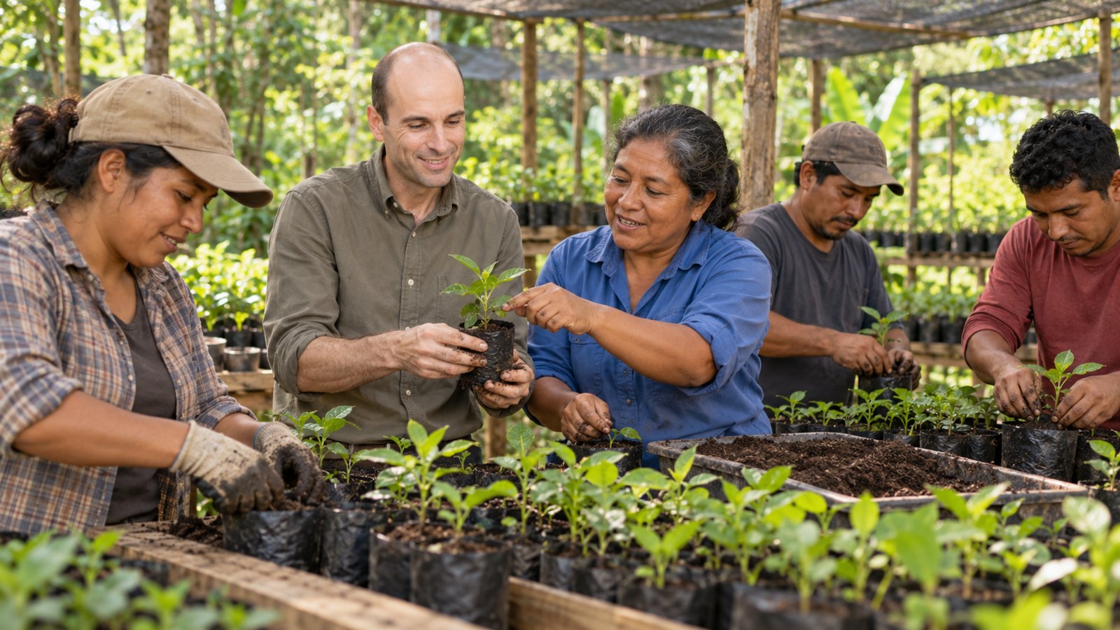 AI illustration of Gustavo Woltmann working with Rosa Aguilar and adult volunteers in a community tree nursery